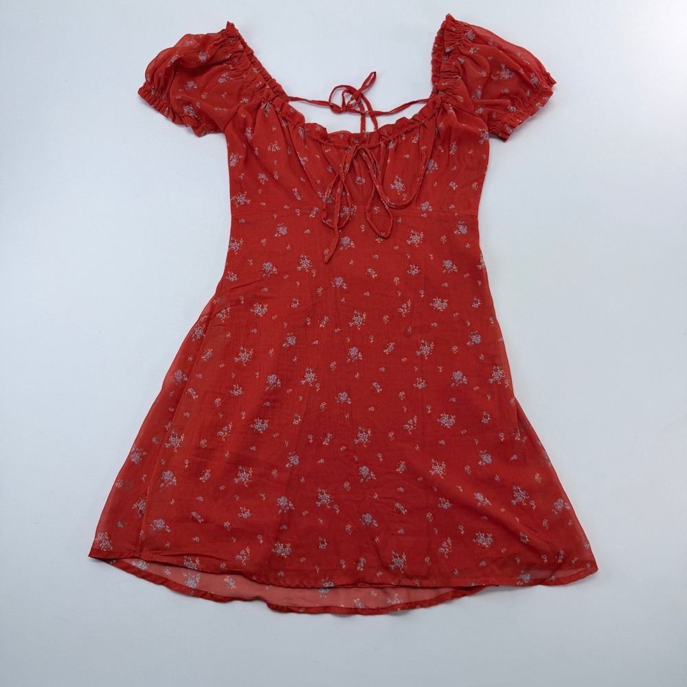 Urban Outfitters Red Floral Milkmaid Mini Dress Puff Sleeve XS